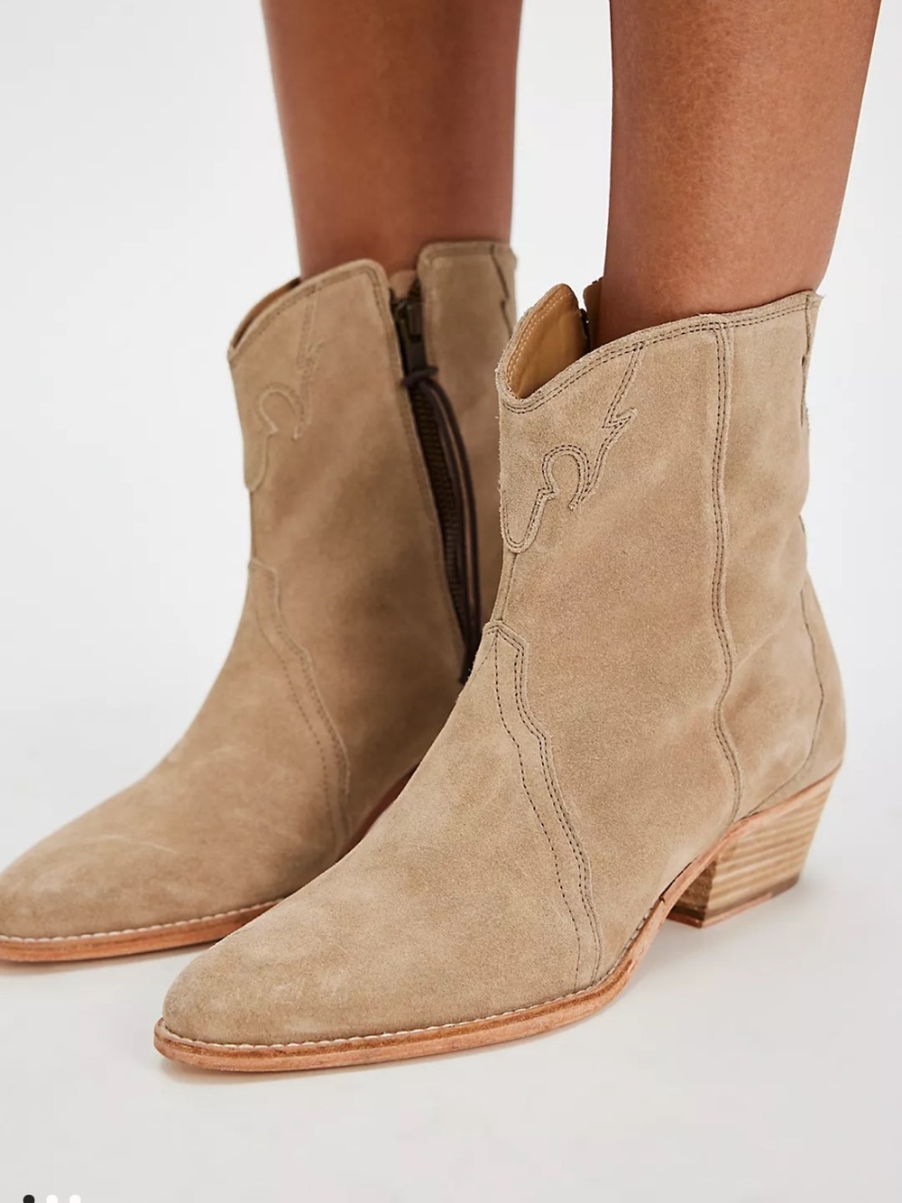 Suede Western Ankle Boots in Beige - Women's